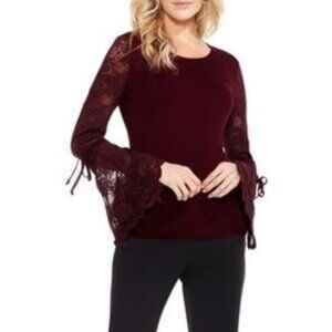Size Small VINCE CAMUTO BURGUNDY WINE LACE‎ BELL SLEEVE KNIT TOP Shirt Blouse